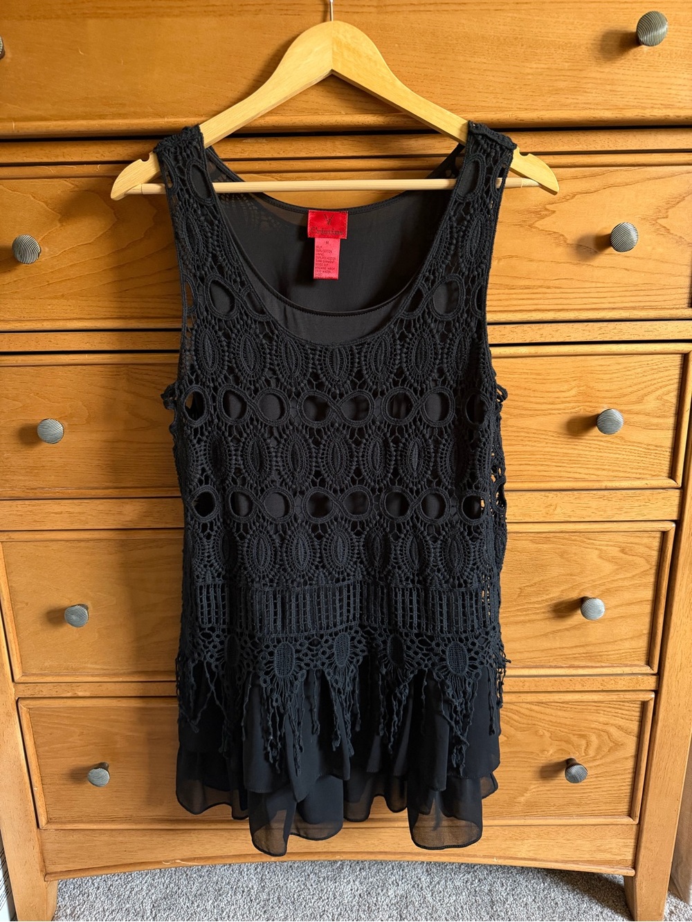 V Cristina Black Layered Tank Tunic Top Macrame Fringe Hippie Boho Womens Size M